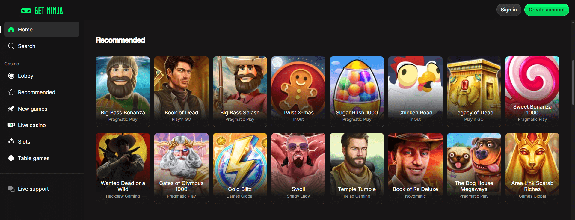Betninja Casino homepage showing selection of recommended online pokies and main site navigation